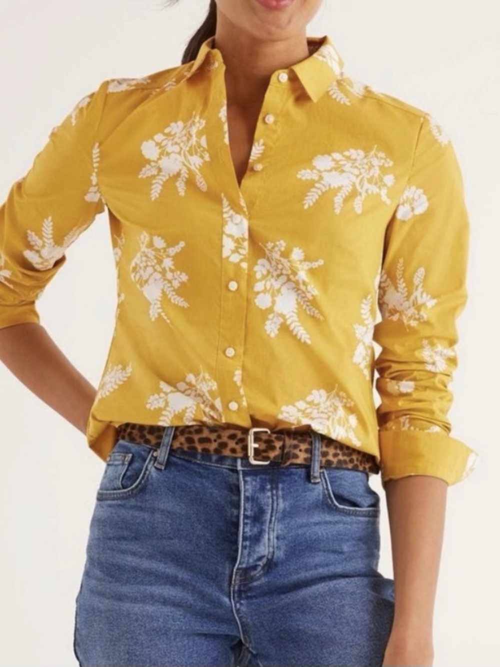 Boden Classic Women’s Mustard Floral Button-Down Oxford Shirt Size 8P